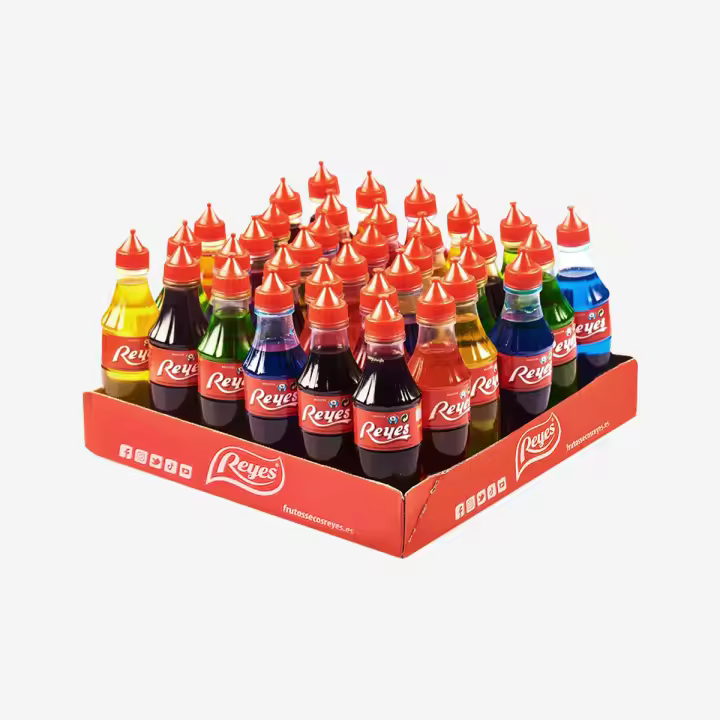 Reyes Botellitas refrescantes de golosina líquida - Bandeja de 36 unidades con 105 ml cada una - Diferentes colores surtidos - 1