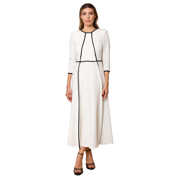 Cayma Closet - Vestido Carrie, Tejido Bielástico, Color Blanco, Cremallera Invisible, Corte Midi, Elegante, Con Detalles en Negro, Entallado con Vuelo, para Fiesta o Evento, Vestido para Invitada de Boda