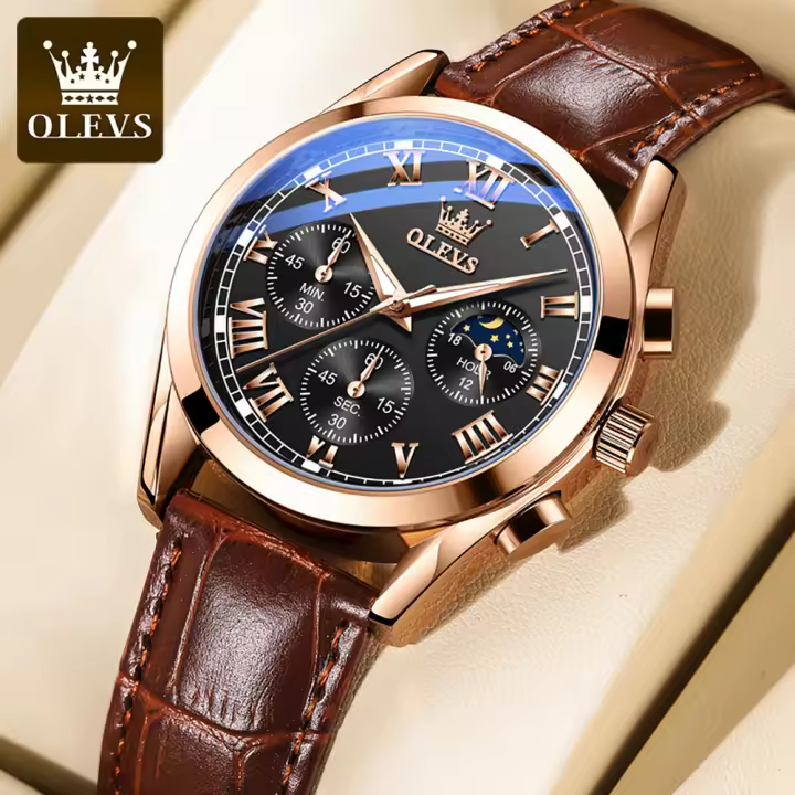 Reloj De Cuarzo Para Hombre OLEVS 2871 Cronógrafo Resistente Al Agua Fase De La Luna Multifuncional Lujo Marca Reloj De Pulsera De Acero Inoxidable Con Manos Luminosas - 1