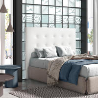 Meimon cabecero ALBA, ideal para dormitorios modernos y contemporáneos. Tapizado en ecopiel sintética de tacto suave,  estructura de madera resistente y su formato horizontal de gran altura, Disponible en tres colores: blanco, beige y visón - details 1