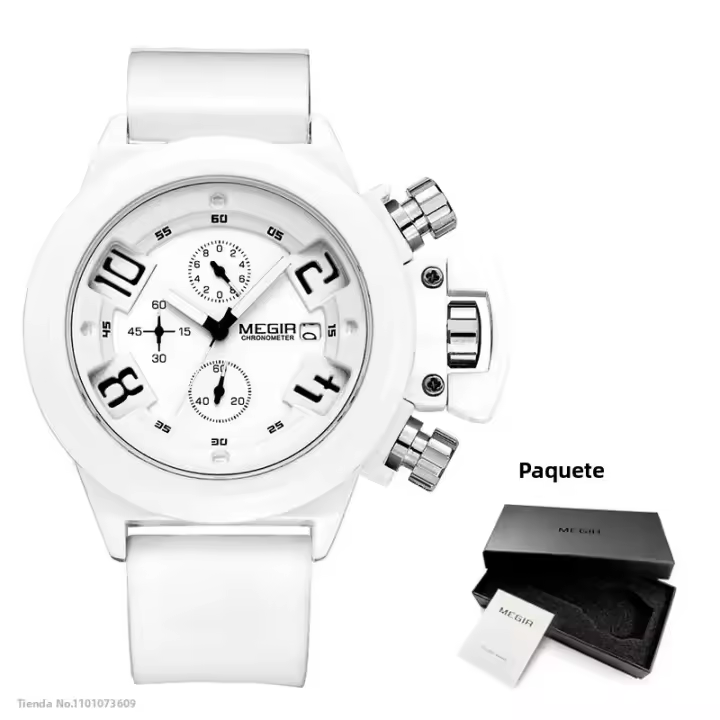 Reloj Deportivo Para Hombre Megir Moda Con Correa De Silicona Pantalla Analógica Cronógrafo Negro Con Calendario Resistente Al Agua - 1