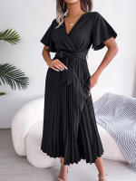 Vestido Maxi Elegante De Cintura Alta Con Volantes Y Mangas De Mariposa Para Mujer Vestido De Fiesta Casual De Polyester - details 9