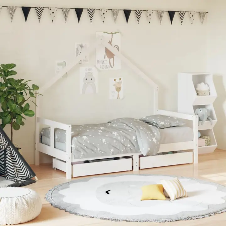 Cama solar para niños con bolsillos Pino Maciizo Blanco 80x160 cm - 1