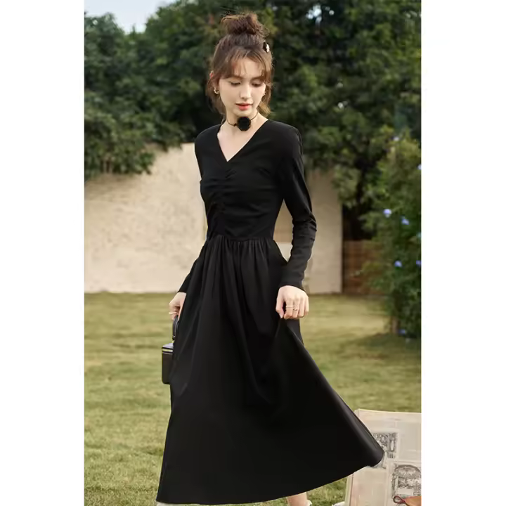 MISHOW Vestido Negro Tejido a Mano Con Ajuste Para Mujer Primavera/Otoño V-cuello Elegante Vintage A-line Midi Vestido MXC59L1640 - 1