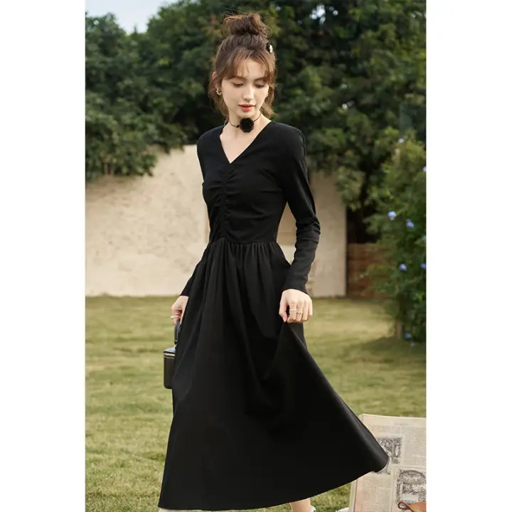 MISHOW Vestido Negro Tejido a Mano Con Ajuste Para Mujer Primavera/Otoño V-cuello Elegante Vintage A-line Midi Vestido MXC59L1640 - 1
