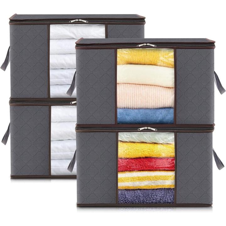 BIT 4 Piezas Cajas Almacenaje 90L, Bolsas para Guardar Ropa, Bolsa Almacenaje Ropa Plegable, Cajas Mudanza, Cajas Almacenaje Plastico, Organizador Armario Para Ropa, Mantas, Edredones, Gris