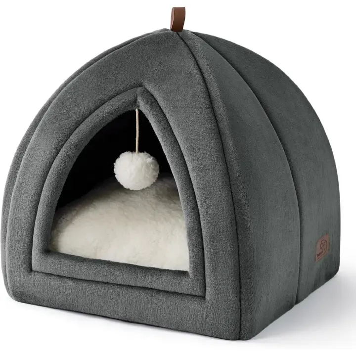 Cama cueva para gatos de interior - Casa iglú de franela con capucha, cama plegable cerrada con cojín extraíble y lavable, gris oscuro - 1