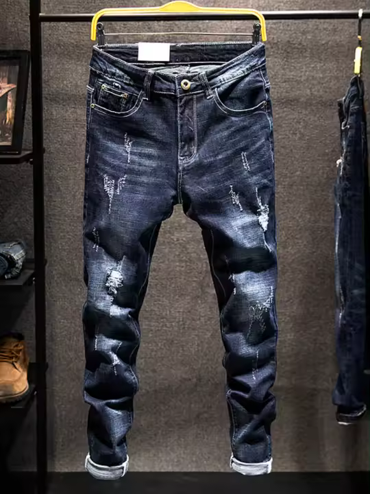Jeans De Encaje Y Desgaste Para Hombre Corte Estrecho Elástico Algodón Moda Coreana Clásica Azul Negro Pantalones De Denim Para Calle Hip Hop Malestar Trousers - 1