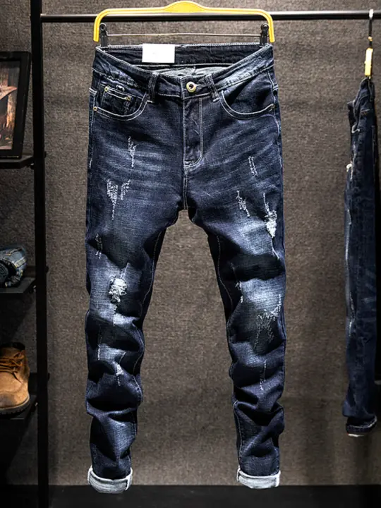 Jeans De Encaje Y Desgaste Para Hombre Corte Estrecho Elástico Algodón Moda Coreana Clásica Azul Negro Pantalones De Denim Para Calle Hip Hop Malestar Trousers - 1