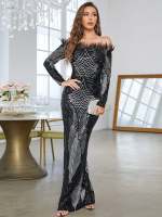 MGIACY Vestido De Cola De Pez Largo Con Solapas De Pluma De Avestruz Brillante Y Cuello En V Para Mujer Vestido De Fiesta - details 3