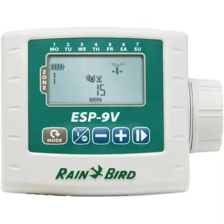Programador de Riego Rain Bird ESP-9V (1 Estación - Batería) | Ideal para Zonas Remotas El Programador Rain Bird ESP-9V de 1 estación es un controlador a batería de fácil instalación, diseñado para automatizar el riego en zonas donde no hay acceso a - 1