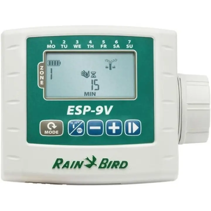 Programador de Riego Rain Bird ESP-9V (1 Estación - Batería) | Ideal para Zonas Remotas El Programador Rain Bird ESP-9V de 1 estación es un controlador a batería de fácil instalación, diseñado para automatizar el riego en zonas donde no hay acceso a - 1