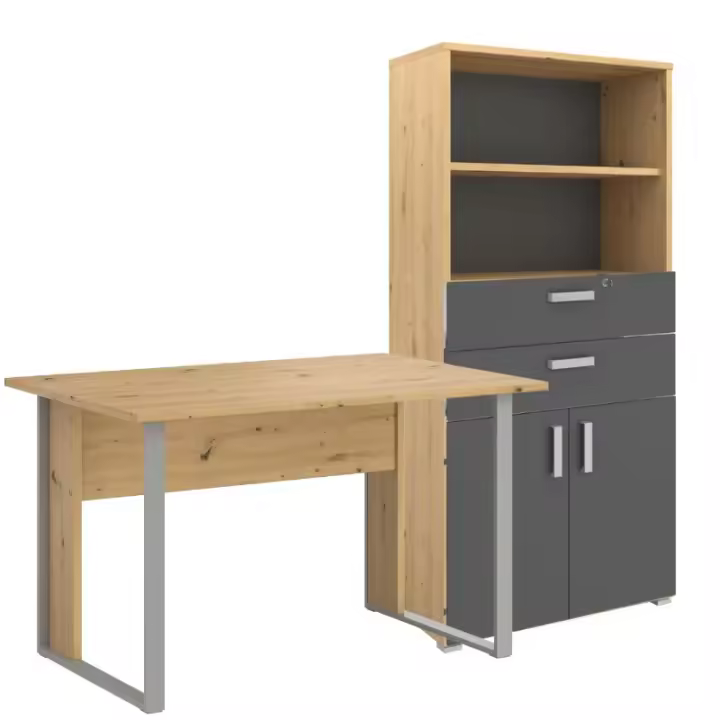 Miroytengo Pack Muebles Oficina Escritorio y Estantería Venture con Puertas Abatibles Roble Artesano Y Gris - 1