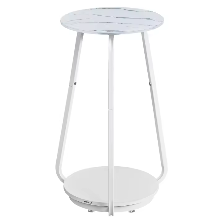 Mesa Auxiliar Redonda de 2 Niveles, Mesita de Noche con Tapa de Cristal y Estante de Aglomerado, Estilo Moderno, Ideal para Sala de Estar y Espacios Pequeños, Blanco Mármol - 1