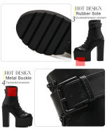 Botas De Motociclista Para Mujer Con Plataforma Y Tacón Alto Negras Con Hebilla Y Botón Lateral Estilo Punk Zapatos Con Cordones Material PU Y Caucho - details 4