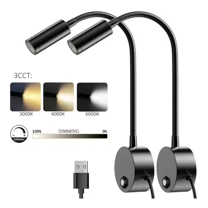 2pcs Lámpara De Lectura USB 5V Para Cama Y Pared Con Dobladillo Largo De 15" Luz LED De 3W Regulable Por Toque Para Estudio Y Trabajo - 1