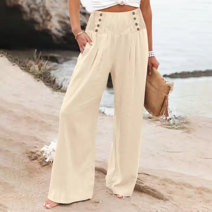 Pantalones Palaciegos De Lino Algodón Para Mujer Cintura Alta Baja Elasticidad Estilo Casual Con Bolsillos Y Botones Color Sólido Verano - 1