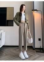 Pantalones De Trabajo Mujer Estilo Casual Cintura Alta Botones Talla Grande Color Caqui Largo Hasta El Tobillo Trasero Ancho - details 3
