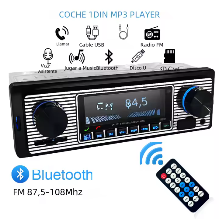 Hippcron Radio De Coche 1 DIN Estéreo FM Bluetooth Reproductor De Música MP3 Con Entrada USB/SD Y Auxiliar Para Teléfono Móvil - 1
