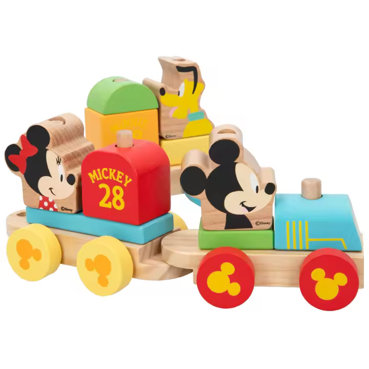 WOOMAX - Tren madera Disney Baby 34 cm, juego de construcción apilable con 14 piezas, figuras de Mickey, Minnie y Pluto, juguete formas encajables, juega y aprende, juguetes niños 2 años, juego educativo infantil - 1