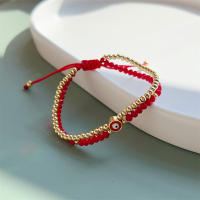 Pulsera De Moda Con Ojo Maléfico Para Mujer KKBEAD Multicapa Con Cuentas Doradas Y Cristal Rojo Ajustable a La Muñeca - details 1