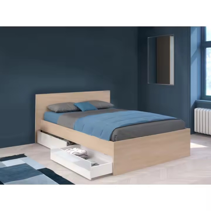 Vente-unique - Cama con 2 cajones 140 x 190 cm - Color: natural y blanco brillante - VELONA - 1