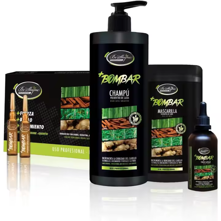 KIT BOMBAR, Be´Shyne® Champú1L, Mascarilla1L, Gotero 150ml, Ampollas 12und, incrementan la densidad y estimulan el crecimiento. - 1