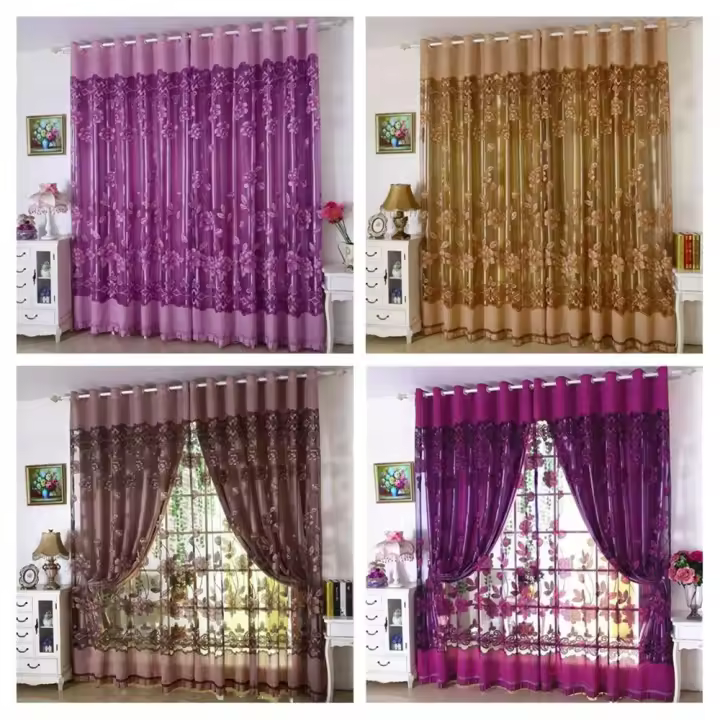 Cortinas De Tulle Rojo Con Flores Y Hojas Transparentes Para Decoración De Sala De Estar Y Dormitorio Cortinas Voile Organza De Doble Capa Para Ventana - 1
