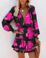 Vestido Mini De Mujer Primavera Moda Con Estampado Floral Manga Larga Cuello V Estilo Casual Vestido De Manga Farol Con Volantes Cintura Ajustada - details 9
