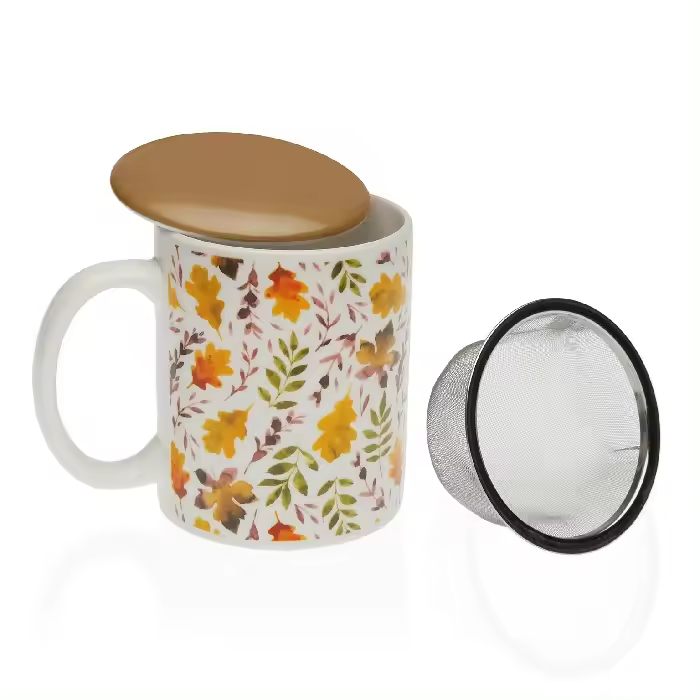 Mug Infusión/Flitro  Avalon Porcelana Blanca Hojas Naranjas y Verdes (8x9,5 cm) - 1