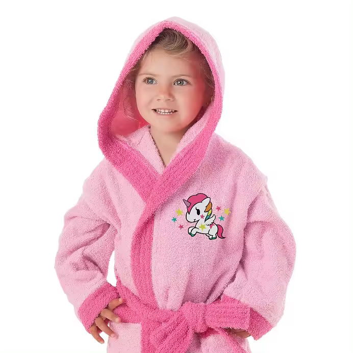 DHESTIA HOME Albornoz Niña 100% Algodón Unicornio - Rizo Suave y Absorbente - Diseño Infantil - Talla 2 a 4 Años - 1