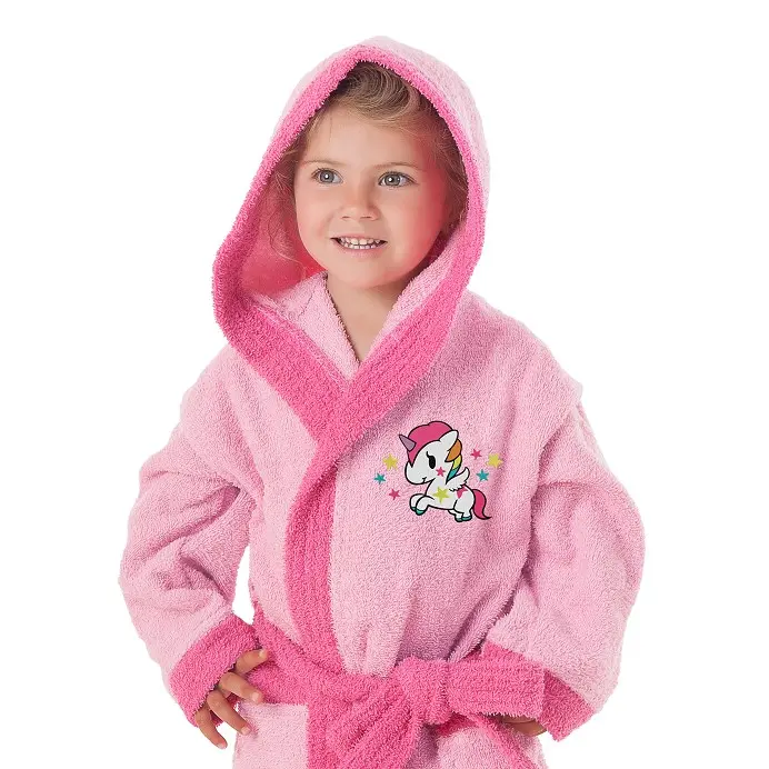 DHESTIA HOME Albornoz Niña 100% Algodón Unicornio - Rizo Suave y Absorbente - Diseño Infantil - Talla 2 a 4 Años - 1