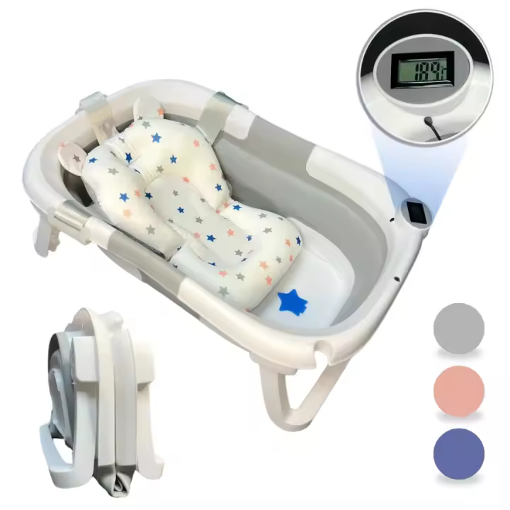 BATHBY Bañera Bebé Plegable Portátil con Termómetro Integrado, Cojín Antideslizante, Apta para Bebé Recién Nacido, Patas Antideslizantes, Tapón de Seguridad, Diseño Ergonómico (Disponible en Gris, Rosa y Azul) - 1