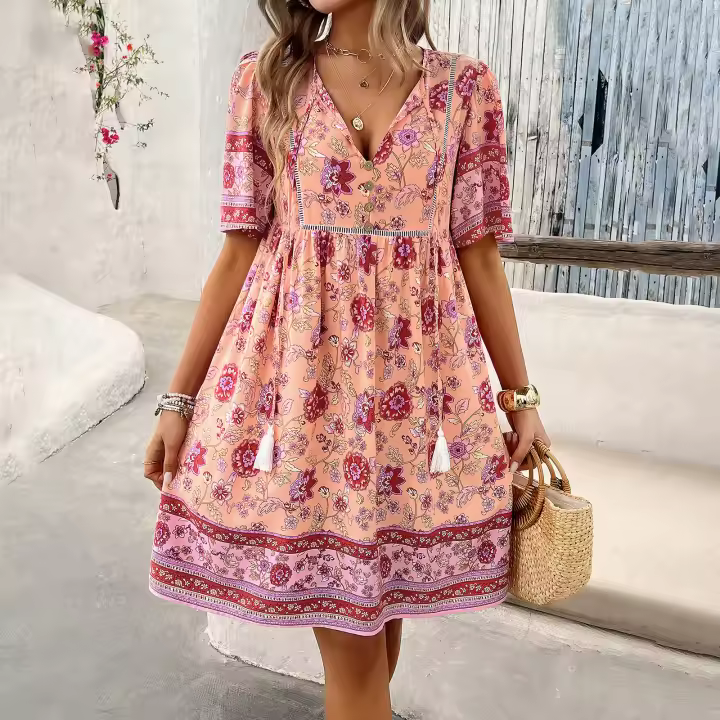 2024 Spring and Summer Leisure Vacation Printed Short Sleeve Dress - 1