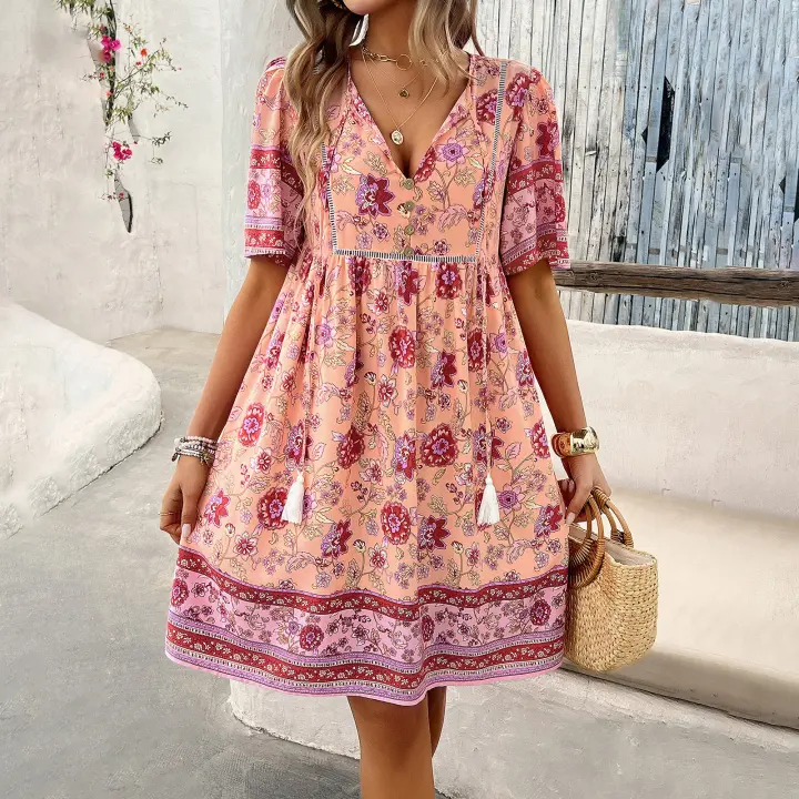 2024 Spring and Summer Leisure Vacation Printed Short Sleeve Dress - 1