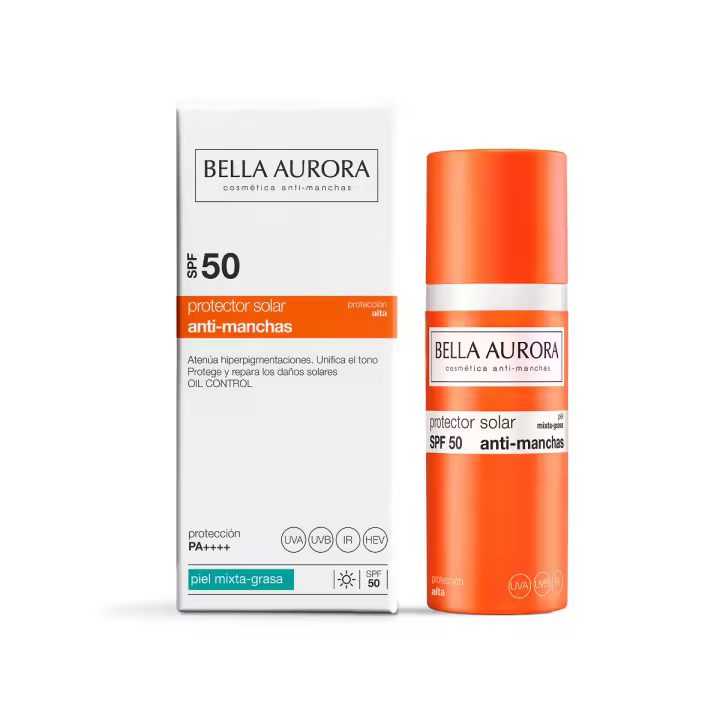Bella Aurora Protector Solar Facial Antimanchas SPF 50+ | Protección Muy Alta UVA UVB IR Luz Azul | Control Brillos y Absorción Rápida | Piel Mixta y Grasa | Uso Diario | 50 ml - 1