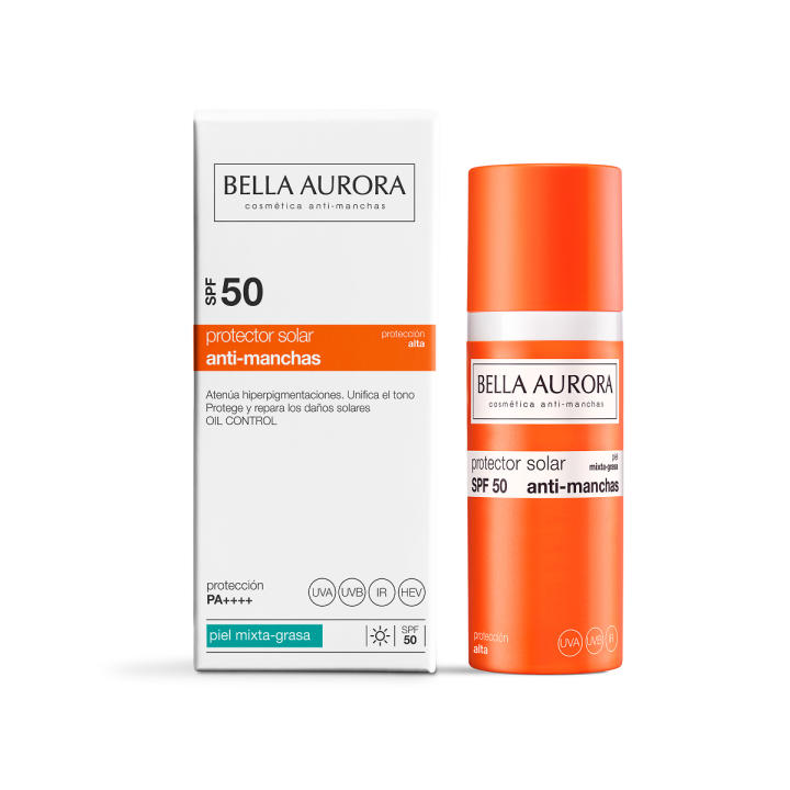 Bella Aurora Protector Solar Facial Antimanchas SPF 50+ | Protección Muy Alta UVA UVB IR Luz Azul | Control Brillos y Absorción Rápida | Piel Mixta y Grasa | Uso Diario | 50 ml