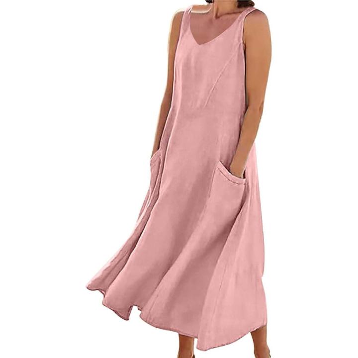 Vestido de Lino para Mujer, Escote V, Sin Mangas, Algodón, Largo, Talla Plus, Flojo, Casual 2026, Verano, Maxi, Playa