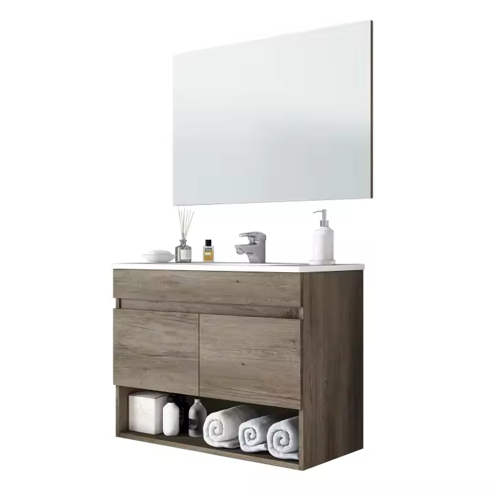 Miroytengo Mueble de baño suspendido con espejo 80 cm Roble Oscuro 80x64x45 cm - 1