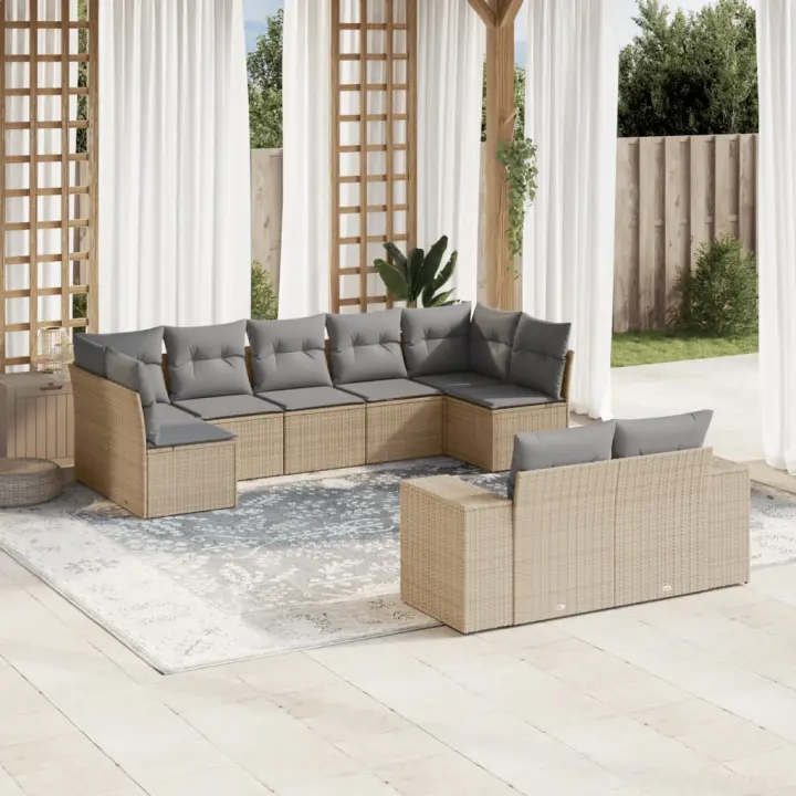 vidaXL Set de sofás de jardín 9 pzas con cojines ratán sintético beige - 1