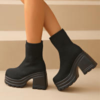 Botas De Mujer Lightweight Casual Con Plataforma Y Tacón Chunky Block Moda Invierno Calf High Sock Botas Material Elástico - details 6