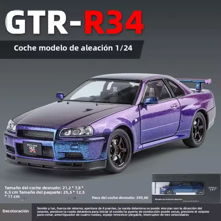 Modelo De Coche De Escala 1:24 GTR-R34 En Aleación Con Efectos De Sonido Auténticos Juguete Coleccionable De Alta Calidad Para Niños Y Adultos - 1