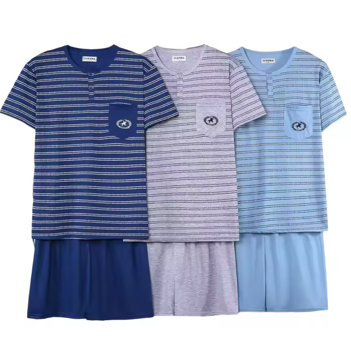 Pijama Hombre - Camiseta Manga Corto de Cuello redondo y botones con Bolsillo + Pantalones Liso - Primavera/Verano - 615 - 1