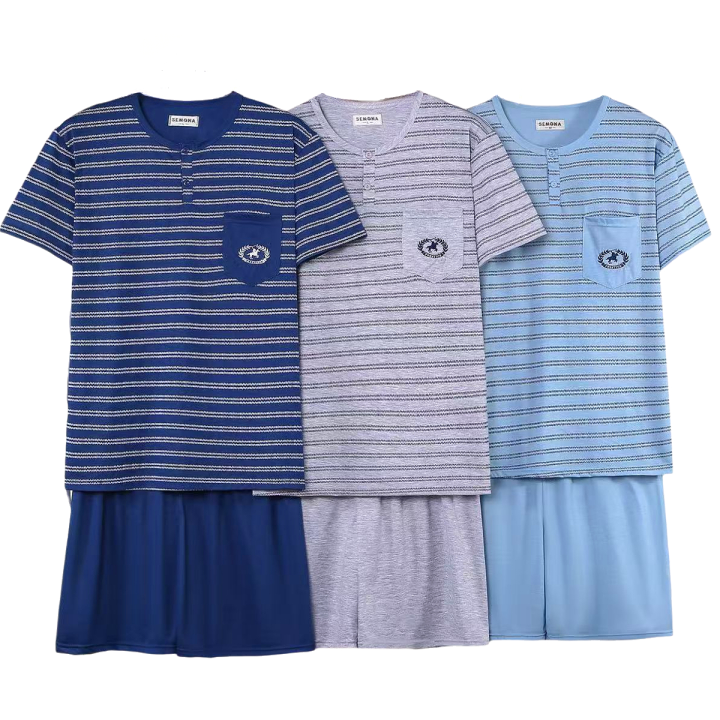 Pijama Hombre - Camiseta Manga Corto de Cuello redondo y botones con Bolsillo + Pantalones Liso - Primavera/Verano - 615