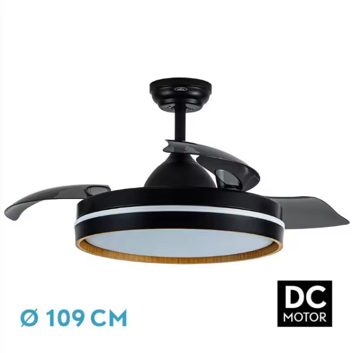 FABRILAMP Ventilador Dc Nalon 72w Negro/madera Oscura 3aspas109d 7200lm 3000k,4500k,6000k Remoto+memoria+temporizador Incluye mando a distancia y dos tijas de 10 y 25 centímetro Productos originales calidad de confianza - 1