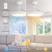 AkunaDecor- Ventilador de Techo Arpon Blanco con Aspas Retráctiles, Motor DC Ultra Silencioso, LED Regulable CCT 3 Tonos de Luz, 6 Velocidades, Función Verano Invierno, Temporizador, Mando y Smart App según modelo, 91cm 107cm 122cm y music. muy silencioso - details 1