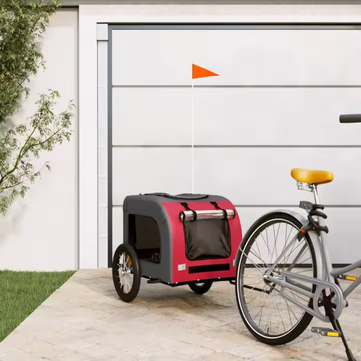 vidaXL Remolque de bicicleta mascotas hierro tela Oxford rojo gris - 1