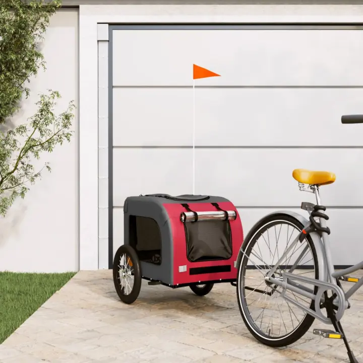 vidaXL Remolque de bicicleta mascotas hierro tela Oxford rojo gris - 1