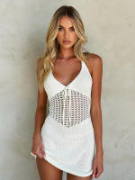 Vestido Mini De Encaje Sin Mangas Con Cuello Halter Para Mujer Hugcitar 2024 Transparente Corte Sexy A-Line Casual Para Playa Vacaciones Club - details 14