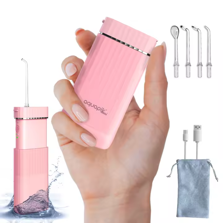 Boston Tech Irrigador Bucal Portátil Aquapik Mini | Recargable USB | 4 Boquillas | 3 Potencias | Rosa - 1